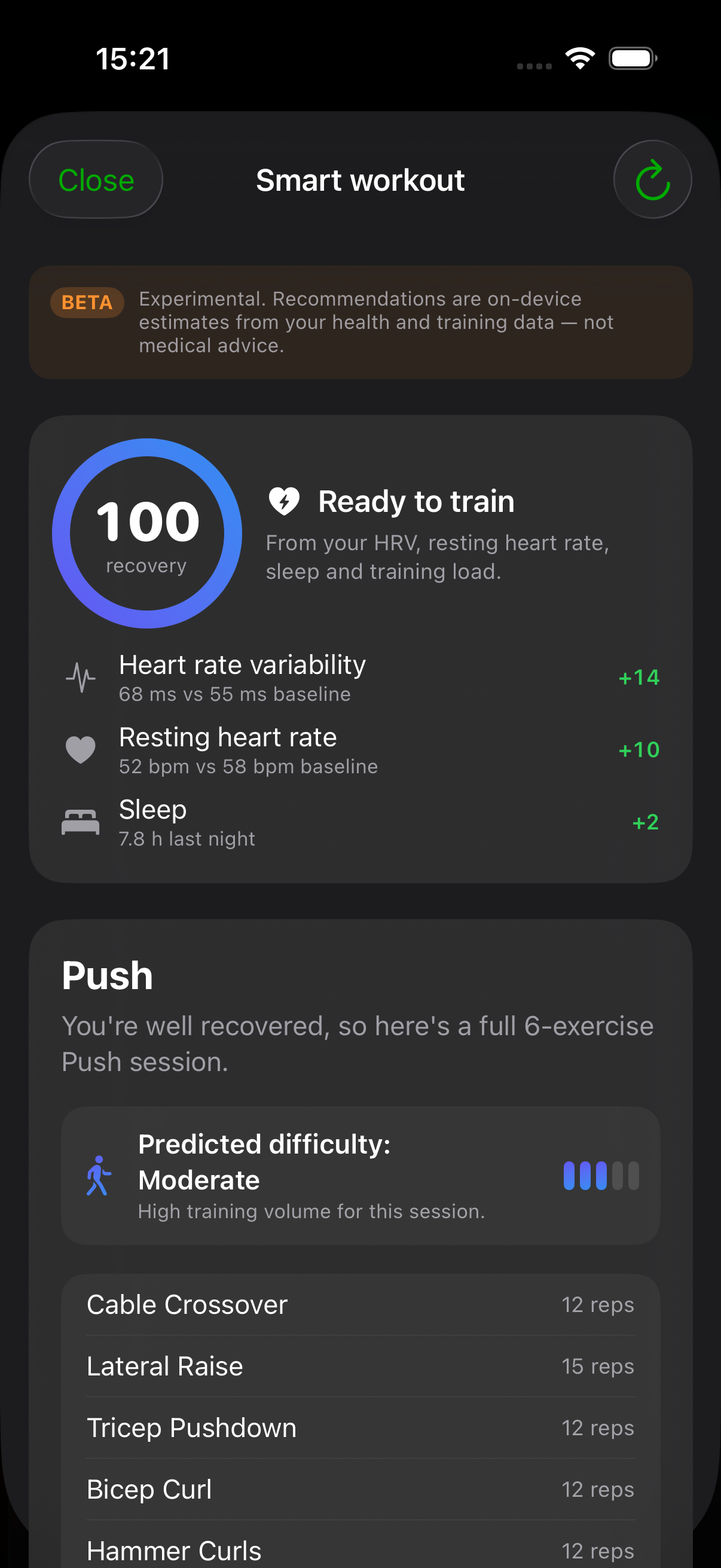 TrainingLab Smart Workout and readiness screen on iPhone